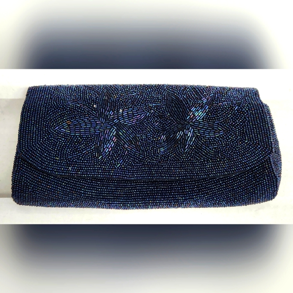 VTG Jill Empress Iridescent Dark Navy Beaded Clutch Japan Glam Evening
